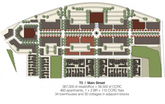 PlaceMakers illustrative plan shows how a CCRC can fit seamlessly into neighborhood fabric, becoming a portion of Main Street as well as nearby cottages and townhouses, sharing services for the full range of town amenities.