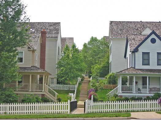 Bigger houses of kids and grandkids are a short walk from multifamily homes as well as the seniors housing of Kentlands Manor. Image credit Flickr user Brent VA.