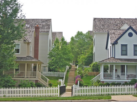 Bigger houses of kids and grandkids are a short walk from multifamily homes as well as the seniors housing of Kentlands Manor. Image credit Flickr user Brent VA.