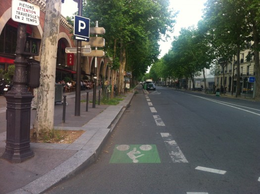 A more conventional approach to buffered cycling lanes is seen on streets that can afford to go on a diet.