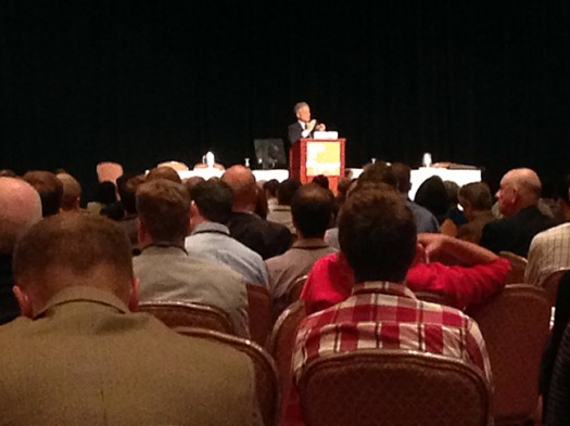Andrés Duany delivering the introductory morning plenary. Moments later, various members of the CNU power structure visited him on stage to let him know his time had expired. Rather than cede the stage, Duany polled the audience as to whether or not he should vacate. The results made clear that, at CNU, ideas dominate over structure. He continued for another half an hour.