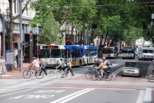 Portland Transit Mall with cyclists crossing by Steve Morgan, CreativeCommons