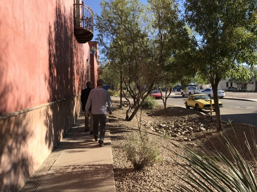Light imprint storm water management at the Mercado uses sheet flow stormwater from the street to water the landscape and recharge the aquifer.
