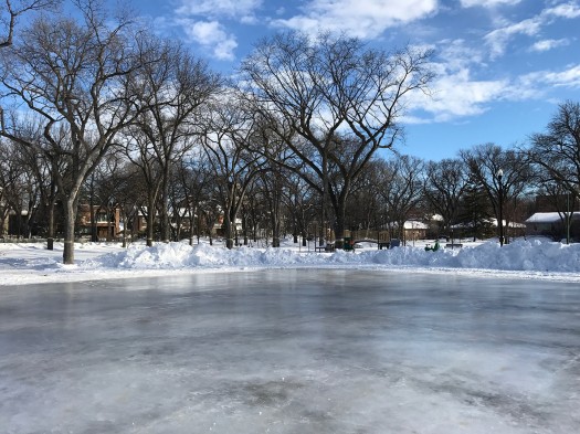 Winnipeg is in the top three coldest big cities on earth, so we look to neighbourhood park interventions to draw us out in winter, like this ice rink at Peanut Park.