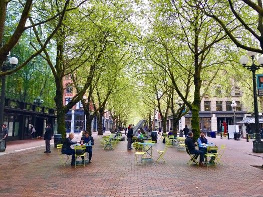 The nature fix in downtown Seattle with an allee of trees. Occidental Park.