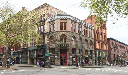 An iconic corner: Yesler Way at Pioneer Square.