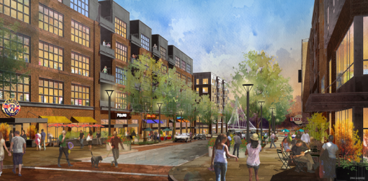 Bridge Park, a new walkable neighborhood in Dublin, Ohio (rendering via City of Dublin). Click for larger view.